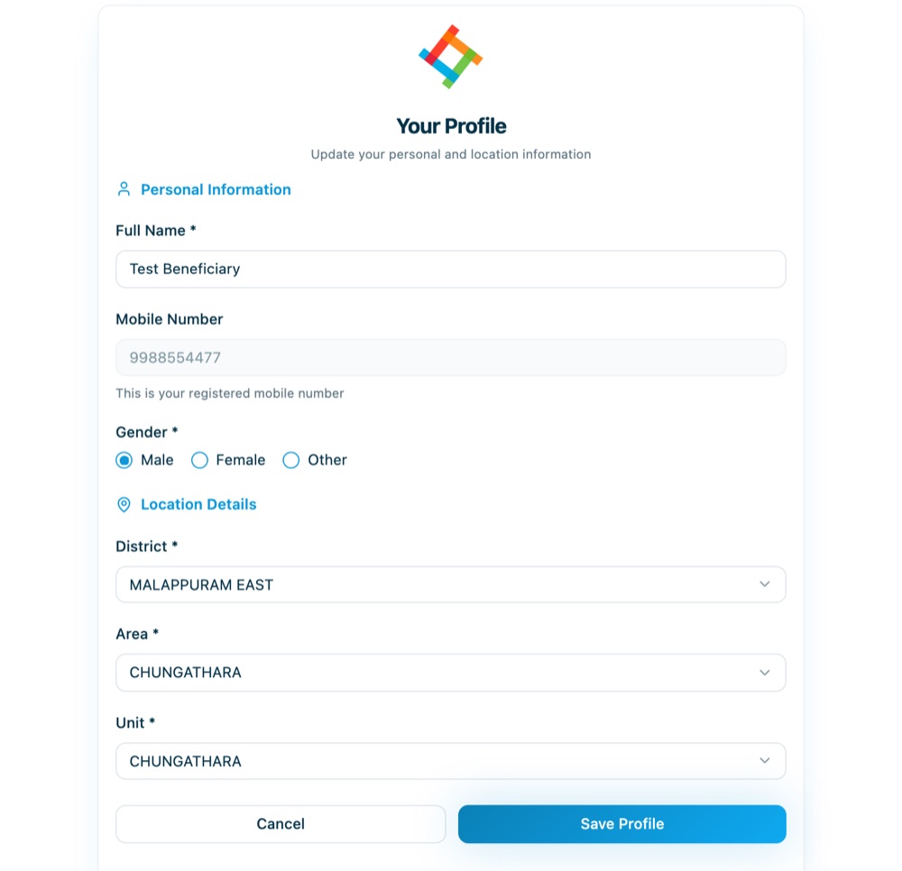 Beneficiary profile form with name, gender, district, area and unit