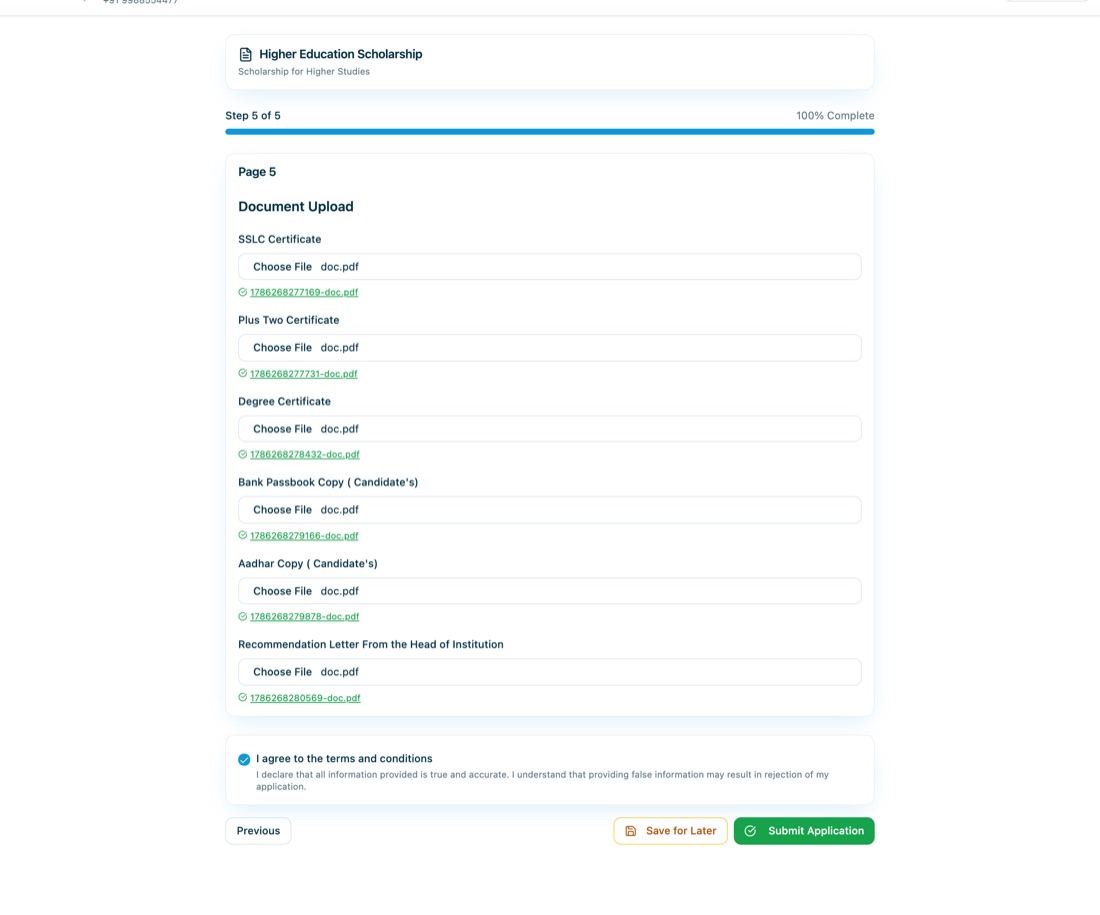Document upload page with the declaration and Submit Application button